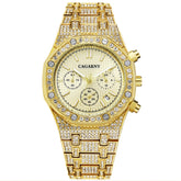 CAGARNY 6881 Diamond-studded Six-needles Guartz Dual Movement Watch Men Stainless Steel Strap Watch (Gold Shell Gold Dial)